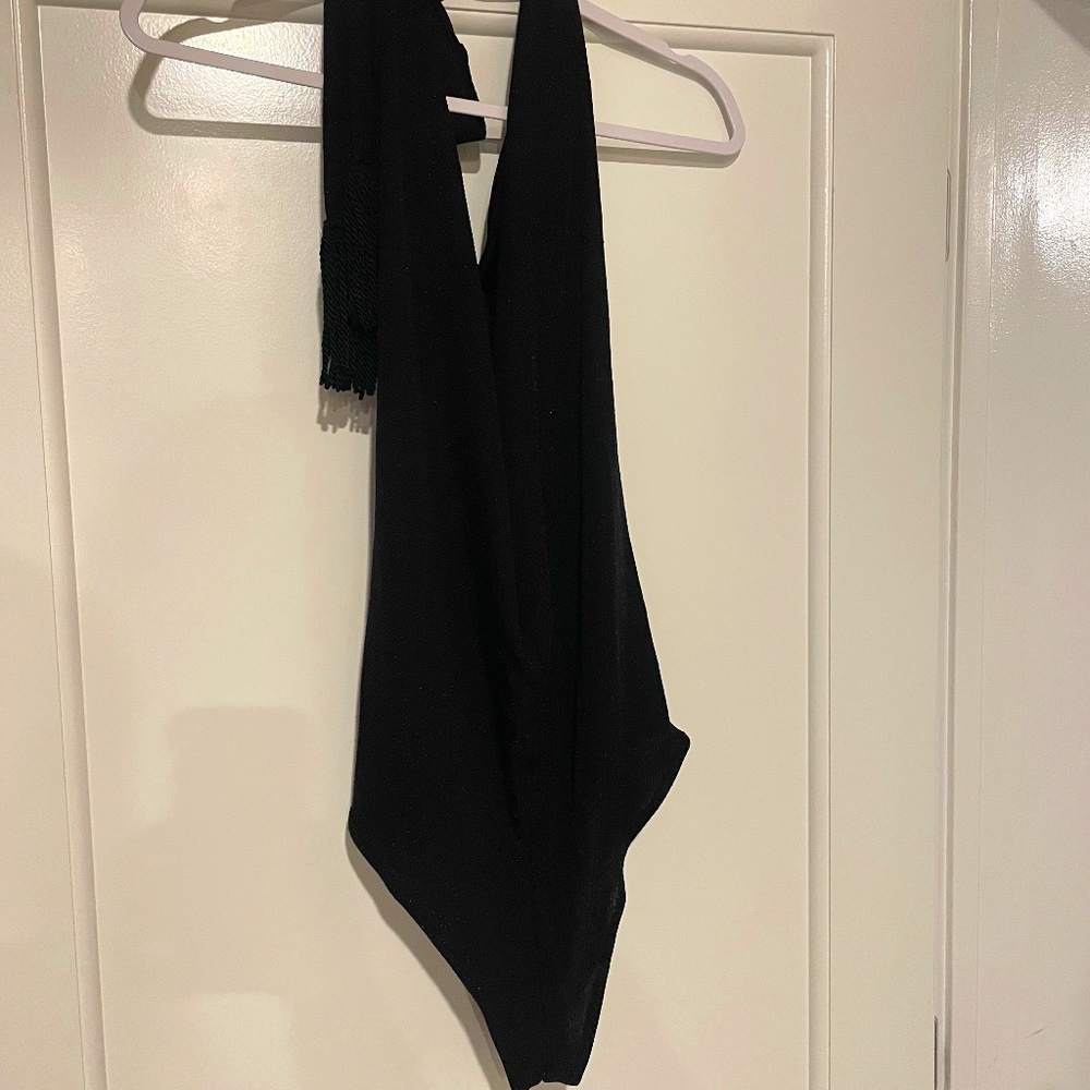 Shimmery Black Cowl Neck Bodysuit, with deep V back